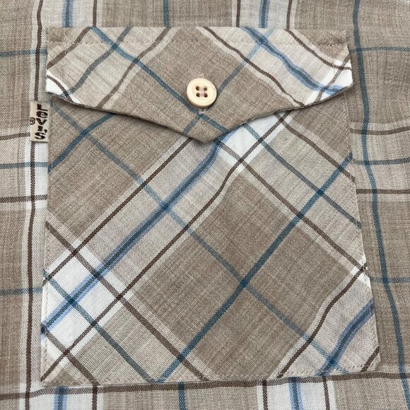 Levis Mens Tan Plaid Short Sleeve Shirt XL Button-Up Vintage - Picture 2 of 6